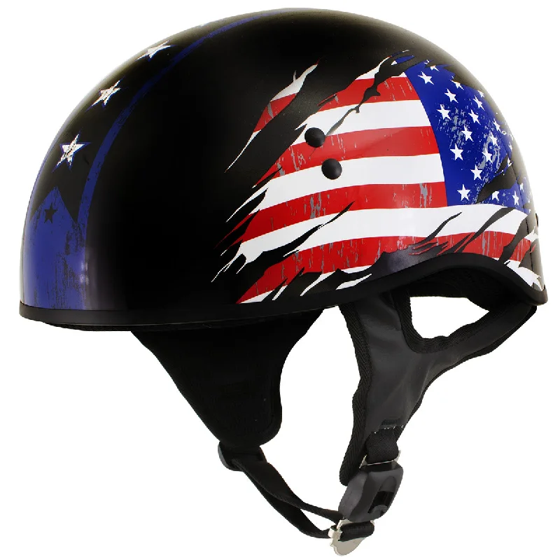 helmet for dual-sport riding-Outlaw T68 'Stars and Stripes' Advanced DOT Black Glossy Motorcycle Skull Cap Half Helmet