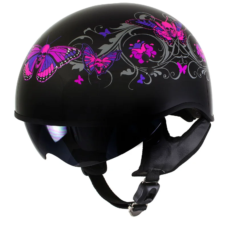 helmet with built-in visor-Milwaukee Helmets T72 Gloss Black Pink Butterflies Advanced DOT Helmet for Men and Women with Drop Down Tinted Visor