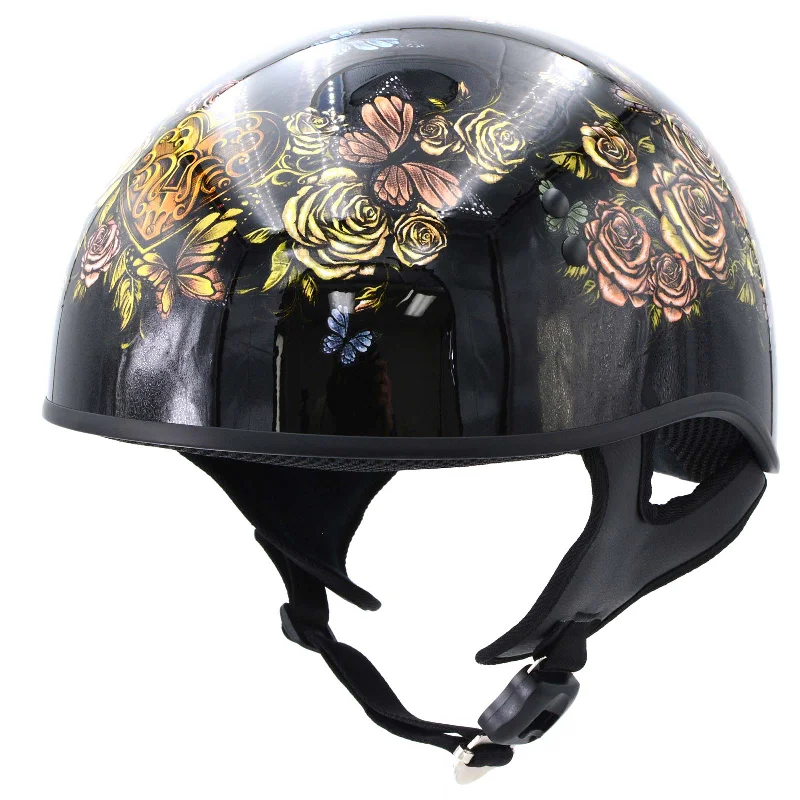 helmet for weekend athletes-Hot Leathers HLD1034 'Butterfly Lock' Gloss Black Motorcycle DOT Approved Skull Cap Half Biker Helmet