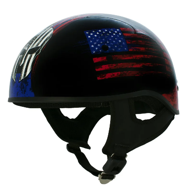 helmet with adjustable chin strap-Hot Leathers HLD1044 Gloss Black 'Colored Warrior Bullet' Advanced DOT Skull Half Helmet for Men and Women Biker