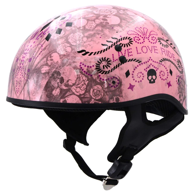 helmet with all-around protection-Hot Leathers HLD1048 'Live, Love Ride' Gloss Pink Motorcycle DOT Approved Skull Cap Half Biker Helmet