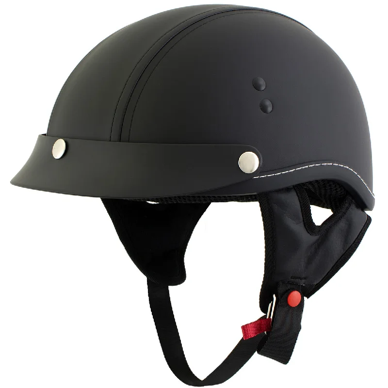 helmet with quick-release strap-Outlaw T70 'Dark Rider' Advance DOT Black Leather Like Half Helmet with Snap Visor